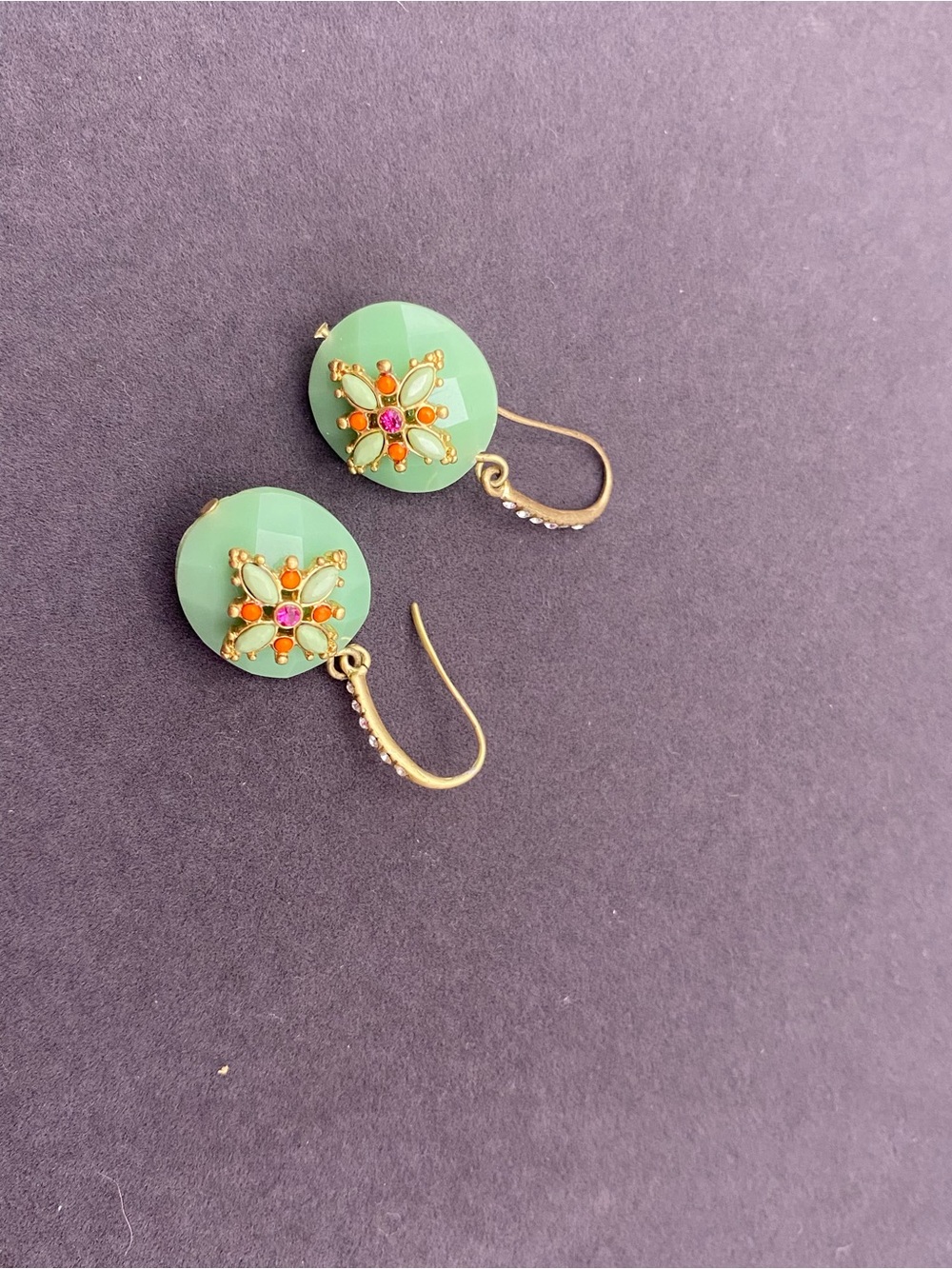 Green Drop Earrings with Gold Accents and Colorful Accents - Picture 2 of 9